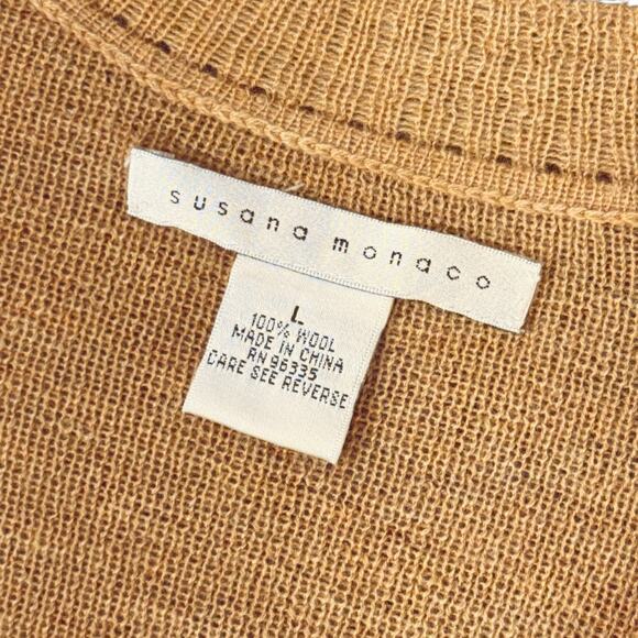 Susana Monaco Belted V-Neck Wool Sweater QuietLuxury L Camel Buttons Pointelle - Picture 3 of 12